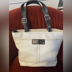 Coach White Pebbled Leather Shoulder Bag with Black Straps